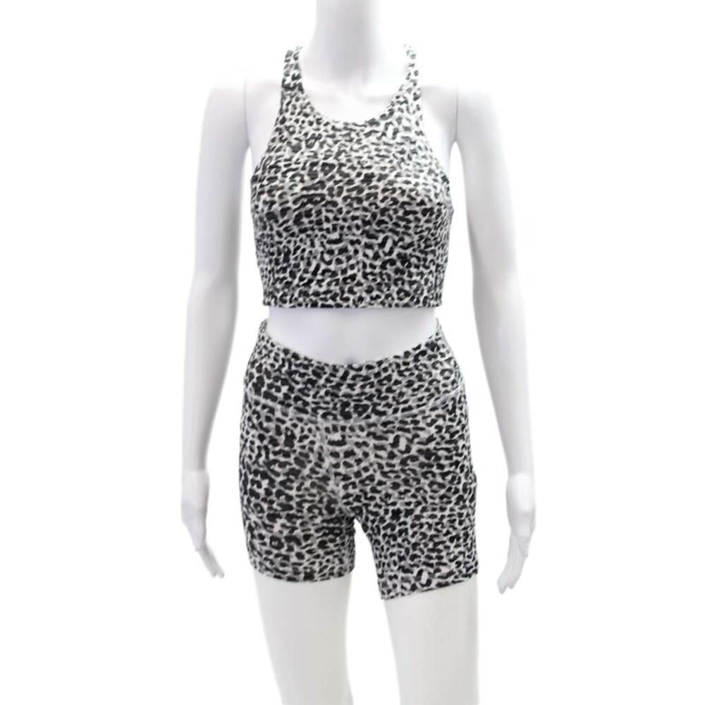 Outdoor Voices Womens Leopard Print Sports Bra Shorts Set Black Gray Size XS